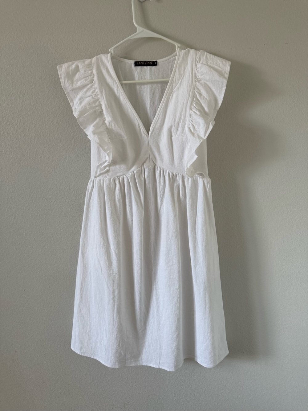 Fancyinn White Ruffle Sleeve V-Neck Mini Dress